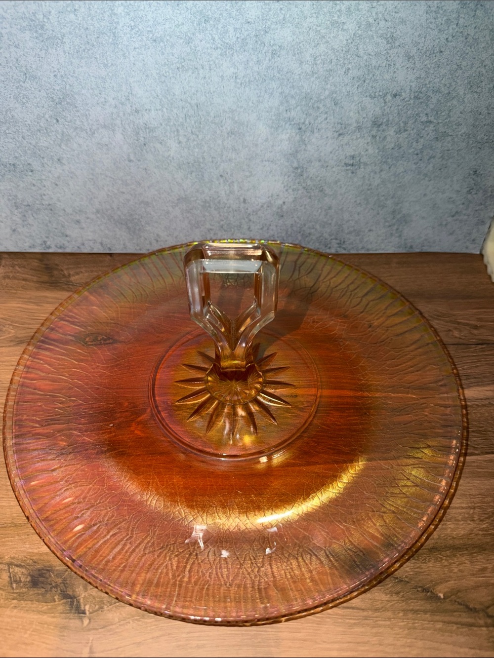 Iridescent Vintage Amber Glass Server Plate with handle